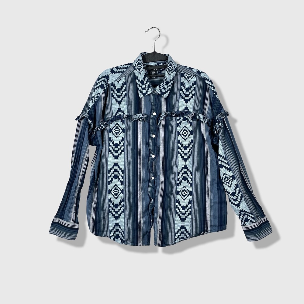 Wrangler Retro Southwestern Pearl Snap Shirt Womens S Blue Aztec Boho Western